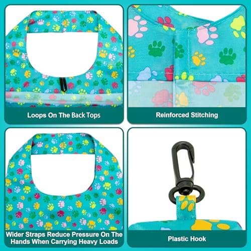 HOLYLUCK Reusable Grocery Bags,Heavy Duty Foldable Shopping Tote Bag (Standard, 3 Green Dog Paw Prints)