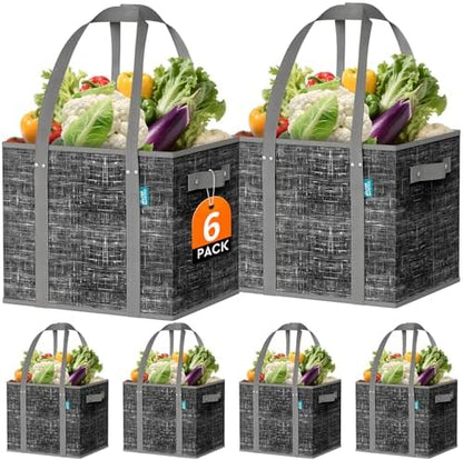 Fab totes Reusable Grocery Bags, Large Foldable Shopping Tote Bags with Reinforced Handles & Hard Bottom,6 Pack, Black