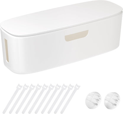 Cable Management Box - Large Cord Organizer Box to Hide Power Strip & Under Desk, TV Computer Wires Cable Organizer Box with Baby Proofs, Desk Cord Organizer for Home/Office - White