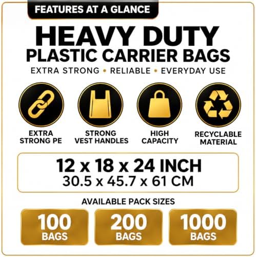 Reusable Heavy Duty White Plastic Shopping Bags with Handles, T-Shirt Grocery Carrier Bags, 12 x 18 x 24 Inch, HDPE Retail, Convenience Store & Takeout Bags, 100 Pack