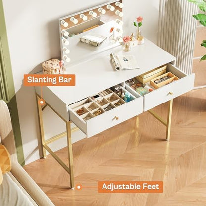 SUPERJARE 31.5" White and Gold Desk with 2 Drawers, Modern Vanity Desk