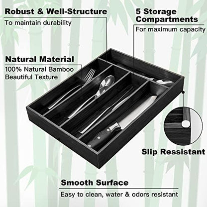 Besilord Bamboo Silverware Holder - Drawer Organizer with 5 Slots (Black)