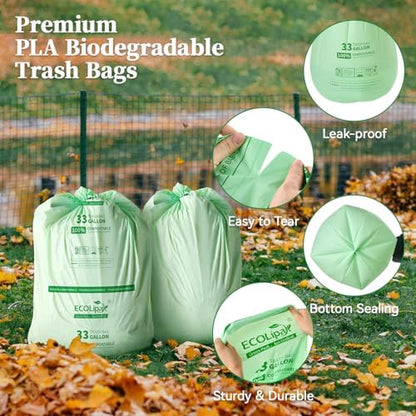 ECOLipak 33 Gallon 25 Count Large Compostable Trash Garbage Bags for Lawn