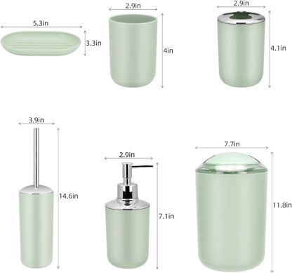 IMAVO Bathroom Accessories Set,Green Bathroom Set,7 Pieces Bathroom Accessory Set,Tray,Toilet Brush,Trash Can for Bathroom Décor and Housewarming Gifts