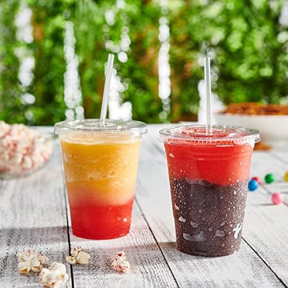 GUSTO 16 oz Clear Plastic Cups with Lids [50 Sets] Iced Coffee Cups