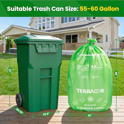 55-60 Gallon Compostable Trash Bags Liners, Heavy Duty Extra Thick 1.57 Mil, 208.2 Liter, 12 Bags, Lawn, Yard, and Restaurant Use, ASTM D6400, US BPI Certified