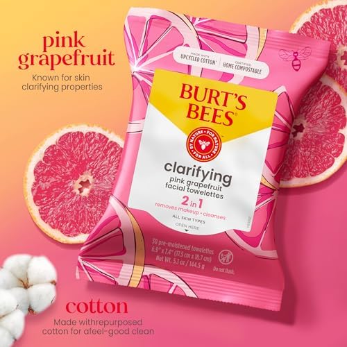 Burt's Bees Pink Grapefruit Face Wipes, for All Skin Types, Hydrating Makeup Remover & Facial Cleansing Towelettes, 90 Count (Pack of 6)