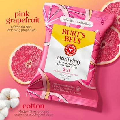 Burt's Bees Pink Grapefruit Face Wipes, for All Skin Types, Hydrating Makeup Remover & Facial Cleansing Towelettes, 90 Count (Pack of 6)