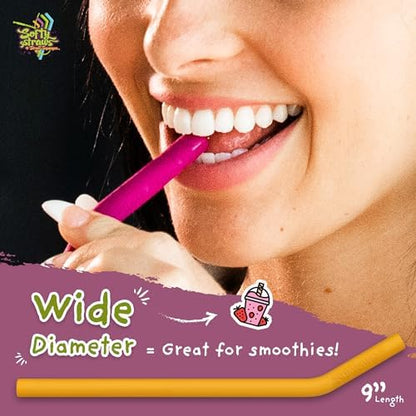 Softy Straws Wide Premium Reusable Silicone Drinking Straws + Patented Straw Squeegee - 9” Long With Curved Bend for 20 30 32 oz Tumblers Non Rubber, Flexible, Safe for Kids/Toddlers, Smoothie
