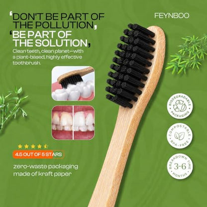 Bamboo Toothbrushes Hard Bristles 6 Pack - BPA Free Bristles Toothbrushes for Adults - Eco-Friendly, Natural Wooden Toothbrush (Light Brown, Black).