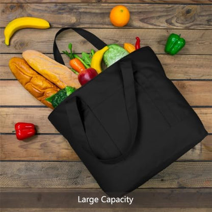 TOPDesign 1-Pack Canvas Tote Bag with an External Pocket, Reusable Grocery Shopping Bag, Top Zipper Closure, Daily Essentials (Black)