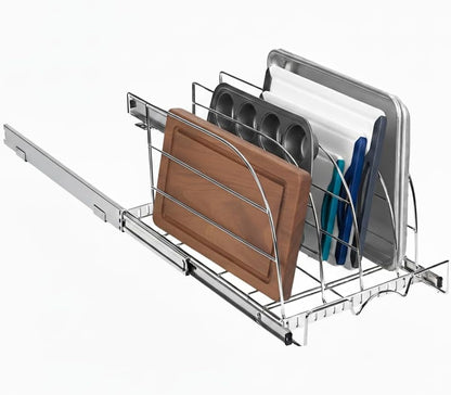 HOLDN’ STORAGE Pull Out Organizer for Bakeware, Cutting Board and Trays, Adjustable Dividers - Heavy Duty, Lifetime Limited Warranty - For Narrow Cabinet Spaces, 12.5”W x 21”D x 11”H, Chrome