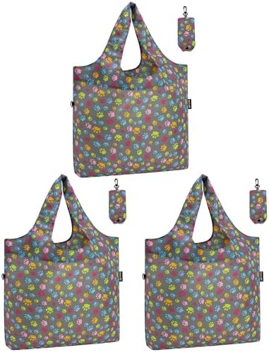 HOLYLUCK Reusable Grocery Bags,Heavy Duty Foldable Shopping Tote Bag (Standard, 3 Dog Paw Prints)