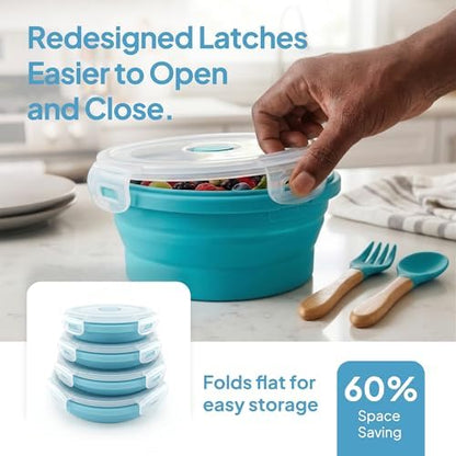 Collapsible Silicone Food Storage Containers with Lids, Set of 4 Sizes (12/17/27/40oz), Leakproof Collapsible Lunch Box, Microwave Freezer Dishwasher Safe, Space Saving for Camping RV Travel