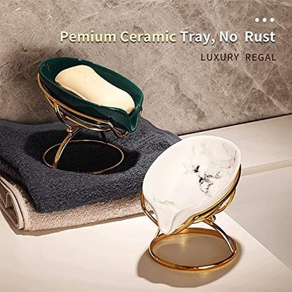 Dobbyby Leaf-Shaped Ceramic Soap Dish with Drain, Holder, Saver, Tray, Bar Soap Holder, Easy Cleaning, for Shower Bathroom Kitchen Sink Bathtub, Pro-Environment White