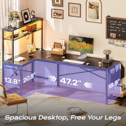 PRAISUN L Shaped Gaming Desk with LED Lights & Power Outlets