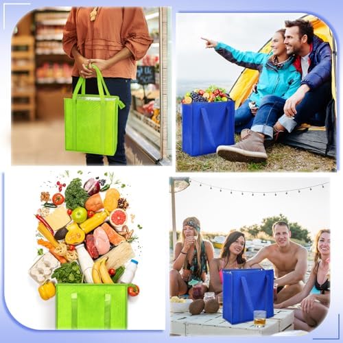 10 Pack 10 Pack Large Insulated Grocery Bag Zippered, Green, Blue