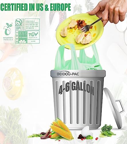 BEIDOU-PAC 4-6 Gallon Compostable Trash Bags, 75 Count, Kitchen Compost Bags With Handle, Sturdy Garbage Bags for Food Scrap Waste, ASTM D6400, US BPI Certified