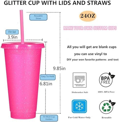 Suertestarry Tumbler with Straw and Lid,Water Bottle Iced Coffee Travel Mug Cup,Reusable Plastic Cups,Perfect for Parties,Birthdays,24oz-5 Pack (Bright Glitter, 5pack)