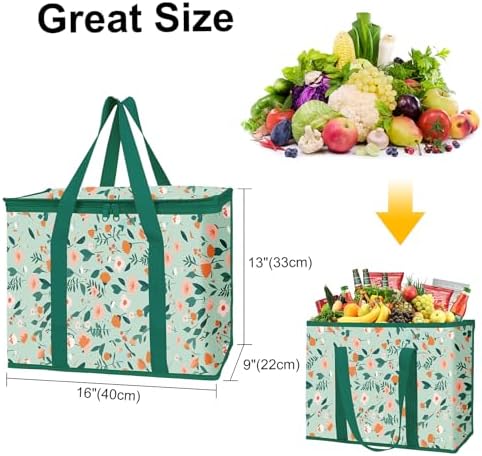 musbus 2-Pack extra Insulated Grocery shopping bag, large Green leaf, kitchen foldable reusable bags groceries,Sturdy zipper,Collapsible,tote,cooler,for transport women,Durable carrier