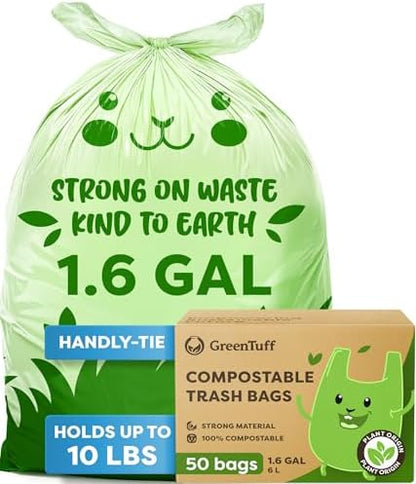 1.6 Gallon Compostable Trash Bags for Bathroom (50 Count) — Small Food Scrap & Bathroom Bin Liners — Thick 0.7 Mil Leak-Resistant Plant-Based Bags — ASTM D6400 BPI Certified