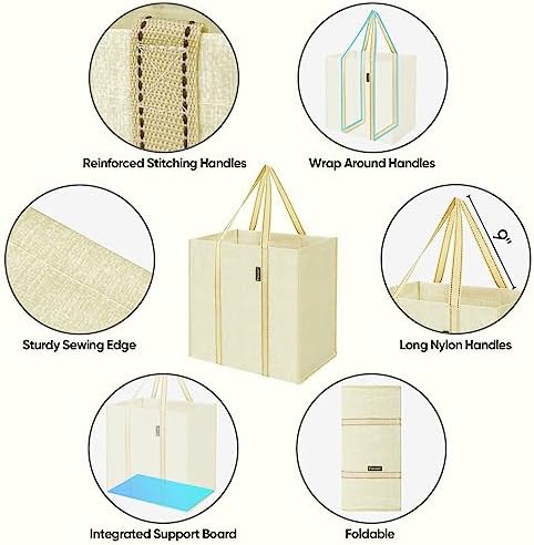 BALEINE 4 PK Grocery Bags Reusable Shopping Bags with Reinforced Bottom, Heavy Duty Foldable Tote Bags (Beige)
