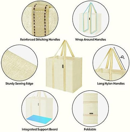 BALEINE 4 PK Grocery Bags Reusable Shopping Bags with Reinforced Bottom, Heavy Duty Foldable Tote Bags (Beige)