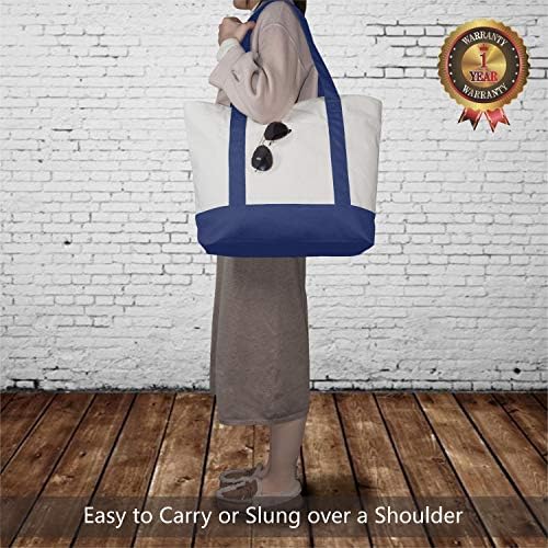 TOPDesign 6-Pack Canvas Tote Bags with an External Pocket, Reusable Grocery Shopping Bags, Top Zipper Closure, Daily Essentials (Blue/Natural)