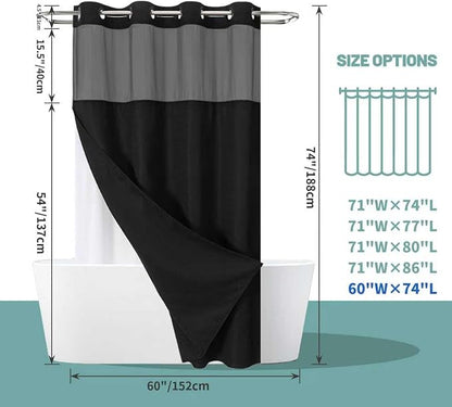 eachope Black No Hook Waffle Weave Shower Curtain with snap-in Liner Replacement, 230GSM Waterproof Fabric Hotel Shower Curtain Set for Bathroom, Through Mesh Top Window,60Wx74H