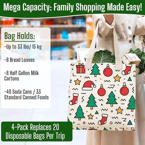 VENO 4 Pack Large Grocery Bag Reusable Shopping Bags with Hard Bottom