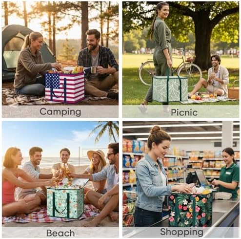 BALEINE 2Pk Insulated Reusable Grocery Bags, Collapsible Cooler Bag for Groceries, Heavy Duty Large Insulated Bag (16''x9''x13'', Antique Foliage) (Pack of 3)