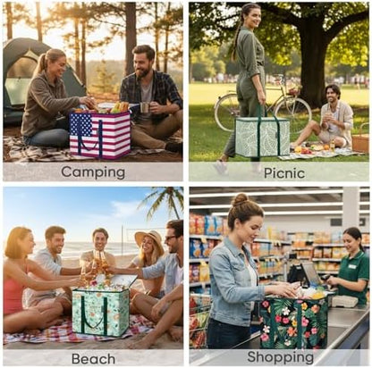 BALEINE 2Pk Insulated Reusable Grocery Bags, Collapsible Cooler Bag for Groceries, Heavy Duty Large Insulated Bag (16''x9''x13'', Antique Foliage) (Pack of 3)