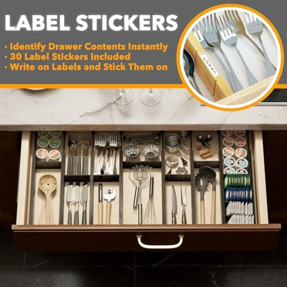 SpaceAid Bamboo Drawer Dividers with Inserts and Labels, Kitchen Adjustable Drawer Organizers, Expandable Organization for Home, Office, Dressers, 10 Dividers with 24 Inserts (17"-22" Black)