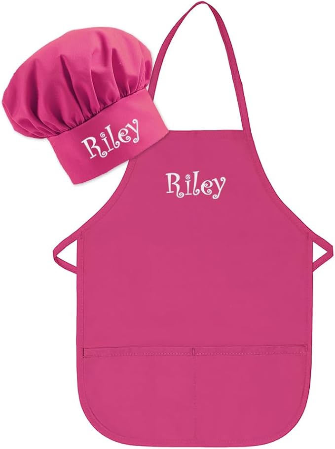 Made in the USA Personalized Embroidered Premium Child Apron and Chef Hat for Kids Girls Boys Fun in the Kitchen Gift (Add a Name Set, Regular with hat)