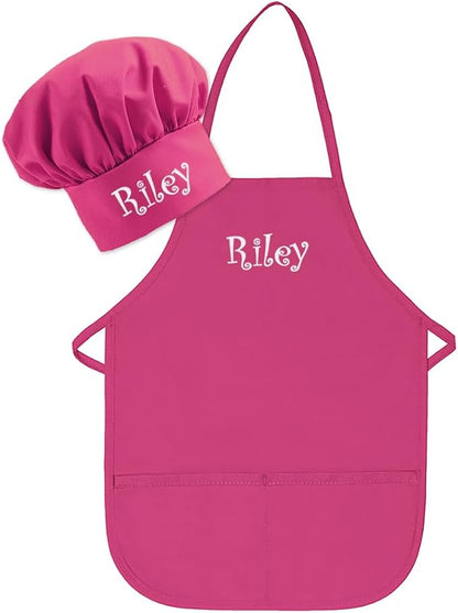 Made in the USA Personalized Embroidered Premium Child Apron and Chef Hat for Kids Girls Boys Fun in the Kitchen Gift (Add a Name Set, Regular with hat)