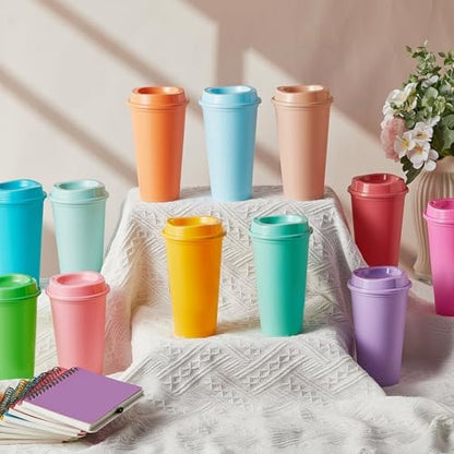 FillTouch 12 Pcs 16 oz Reusable Coffee Cups with Lids, Soft Tones