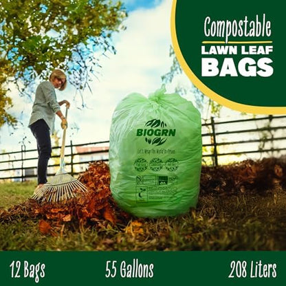 50-55 Gallon Compostable Trash Bags, 12 Count, 1.57 Mil Heavy Duty Flat Top Large Trash Bags for Lawn, Leaf, Yard Waste & Outdoor Garden Cleanup, ASTM D6400 BPI & OK Compost HOME Certified
