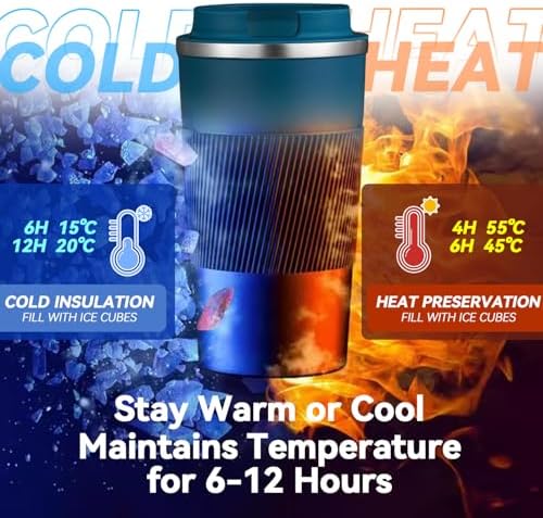 12OZ Travel Coffee Mug Insulated Coffee Cup with Spill Leak Proof Lid, Portable Stainless Steel Tumbler Reusable Hot and Cold Water Mug for Car, Daily, Camping- Blue