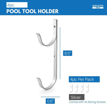 Aquatix Pro Pool Pole Hanger Premium 4pc Aluminium Holder Set, Ideal Hooks for Telescopic Poles, Skimmers, Leaf Rakes, Nets, Brushes, Vacuum Hose, Garden Tools and Swimming Pool Accessories