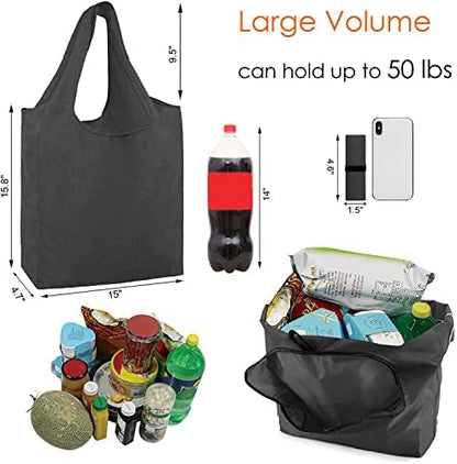 BeeGreen 20 Pack Black Reusable Grocery Bags with Storage Pouch Reusable Shopping Bags Bulk w Elastic Band 50LBS X-Large Foldable Tote Bags Machine Washable-Heavy Duty Cloth Tote Bags for Groceries