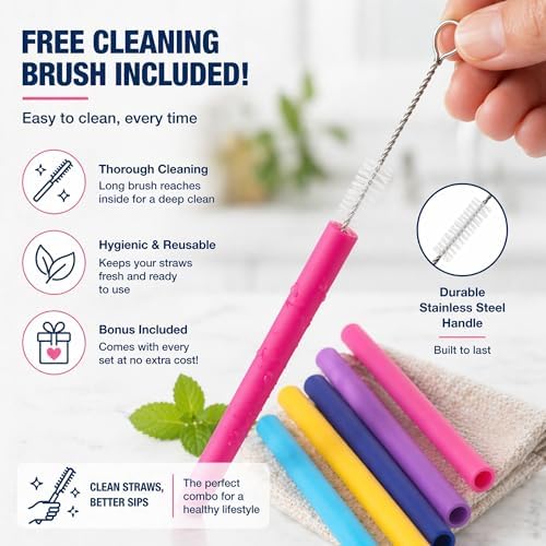 Wide Reusable Silicone Straws 10" Long Set of 5 | Free Cleaning Brush