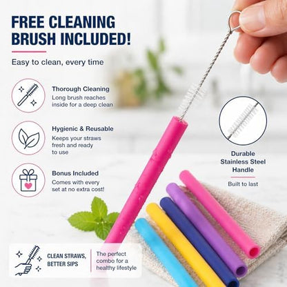 Wide Reusable Silicone Straws 10" Long Set of 5 | Free Cleaning Brush