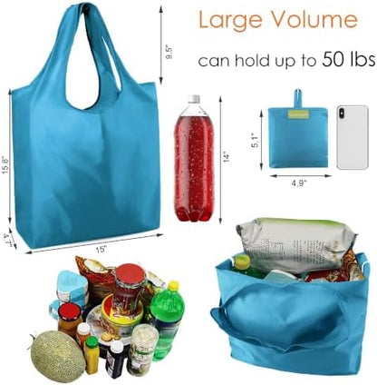 BeeGreen Light Blue Reusable Grocery Bags Wholesale Blue Reusable Kitchen Bags Bulk Foldable-Machine Washable with Zipper Storage Pouch 50 Packs