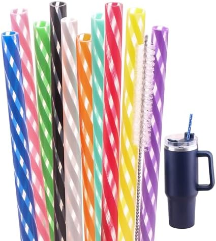 Dakoufish 12 Inch 10 Color Replacement Reusable Drinking Straw for Stanley 40 oz 30 oz 24 oz Tumbler,Dishwasher Safe Plastic Straws for Stanley Cup Accessories,Set of 10 with Cleaning Brush