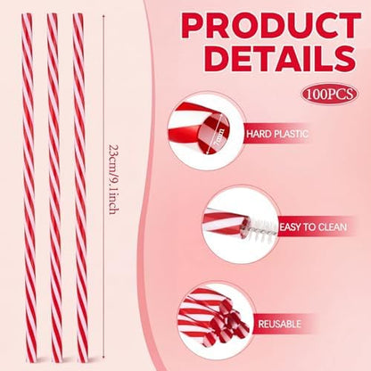 Honeydak 100 Pcs Reusable Plastic Straws Bulk,Red and White Stripe