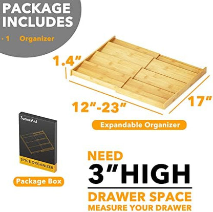 SpaceAid Bamboo Spice Drawer Organizer, (Need 3" Deep Drawer) Expandable 4 Tier Spices Rack for Cabinet, Kitchen Seasoning Storage Insert (Jars Not Included, From 12" to 23" Wide)
