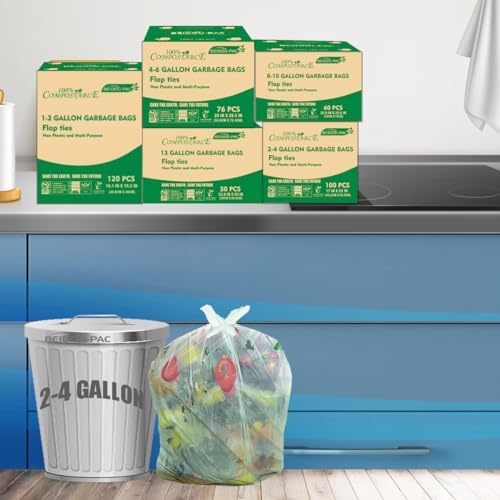 BEIDOU-PAC 3 Gallon Flap Tie Compostable Trash Bags, 100 Count Small Compost Garbage Bags, Food Scrap Waste Bags for Countertop Bin, ASTM D6400, US BPI Certified