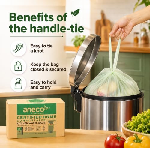 ANECO 8 Gallon Compostable Kitchen Food Waste Bags, 30 Count