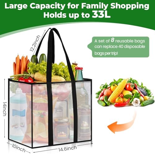 Reusable Grocery Bags, Clear Shopping Bags, 8 Pack, 33L