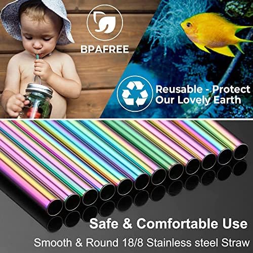 Vinaco 4 Pcs Rainbow 0.4" Wide Bore Reusable Stainless Steel Smoothie Straw
